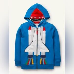 Mini Boden Blue Rocket Ship 🚀 Appliqué Zip Hoodie for Kids Size 2-3 Years